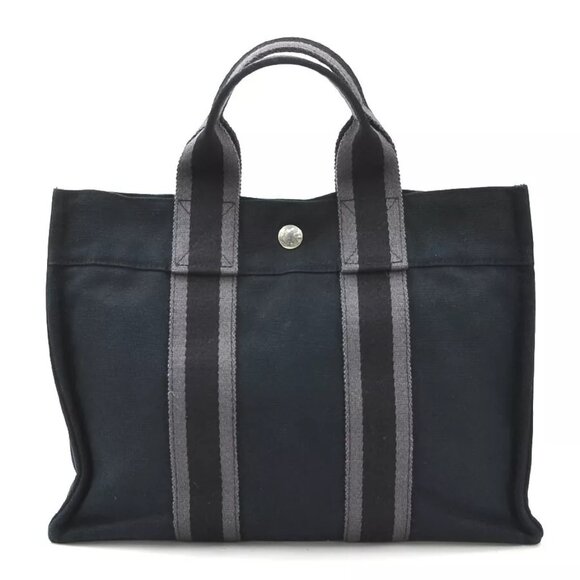Auth HERMES Fourre Tout Handbag Tote Bag Black/Grey Cotton - e59933g - Picture 1 of 10
